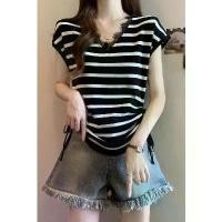 ราคา Design Sense Niche Drawstring Knitted Short Sleeve Women's Summer Striped V-neck Stylish Regular Shoulder Slimming T-shirt Top (1732264745814426950)