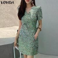 ราคา VONDA Women's Summer V Neck Floral Printed Puff Sleeve Dresses Ladylike Collect Waist A-Line Drses (Korean Causal) (1732326420546421925)