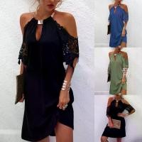 ราคา Summer European and American Women's Fashion Crochet Hollow Metal Halter Sexy Off-Shoulder Dress (1732300702049666246)