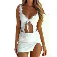 ราคา ชุด 2 ชิ้นฤดูร้อน, แฟชั่นสตรี, ลูกไม้นัวเนียผูกด้านหน้าเสื้อชั้นในและผ่าข้างชุดกระโปรงสั้นสำหรับ Streetwear เสื้อผ้าสวยงาม (1730119349990296379)