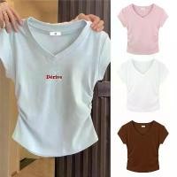 ราคา ดีไซน์จับจีบด้านข้างให้ความรู้สึกเพรียวบางและบริสุทธิ์ Spice Girl V-collar Short-Sleeve T-Shirt Women's Summer Spice Girl Slender Short Top (1731959436860490840)