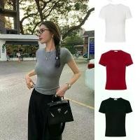 ราคา Pure Desire Grey Slim Round Collar Short Sleeve Forward Shoulder Tee Women's Summer Skinny Thin Bottoming Shirt Spice Girl All-match Niche Spice Girl Top (1731873574719685720)