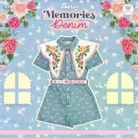 ราคา (มี 2XL) Maria Diamond จั๊มยีนส์ Memories Denim Jumpsuit จั๊มสูทขาสั้นยีนส์ผ้าทอลายผีเสื้อมีกระเป๋าข้าง ปกใหญ่งานปักวินเทจ + เข็มขัดชมพูกลิตเตอร์ กระดุมหน้า / จุด 5 ข้ามไซส์ / ความยาว 31 / เป้ายาว 30 