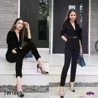 ราคา ชุดดำJumpsuit จั้มสูทขายาวคอปกเชิ้ต (1729479588151397163)