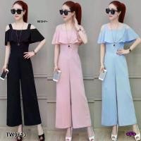 ราคา TW9613 จั้มสูทสายเดี่ยวอกระบาย One-shoulder jumpsuit ธรรมดา ฝ้าย (1729596351178902391)