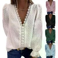 ราคา Women's Hot-Selling Solid Color V-Neck Embroidered Lace Long-Sleeve Chiffon Blouse (1732301005245351110)