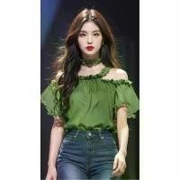 ราคา Unique Top, Super Cute: This Year's Trending Beautiful Blouse, Women's 2025 New Style Green Chiffon Off-the-shoulder Shirt (1732041319864764357)