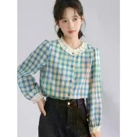 ราคา เสื้อแขนโคมไฟลายสก๊อตสีน้ำเงิน ดีไซน์ลูกไม้ สำหรับผู้หญิง ใบไม้ผลิ Women's Blue Plaid Blouse (1731606153630615128)