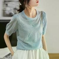 ราคา French Style Puff Sleeve Short Sleeve T-Shirt for Women, Spring and Summer New Jacquard Beaded Ice Silk Knitted Thin Top (1732446599282329221)