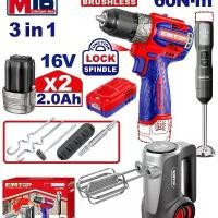 ราคา ECKL1638 สว่าน + เครื่องปั่น ไร้สาย 0(0) Voltage:16V With 1pcs brushless cordless compact drill(ECDL16681) With 1pcs cordless hand blender(EFN048K)With 1pcs cordless hand mixer( (1732222031341323297)