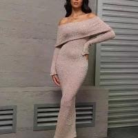 ราคา French Style Beach Dress European and American Long Sleeve Knitted Off-Shoulder Dress Long Dress for Women (1732475344640115950)