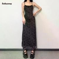 ราคา Women's suspender maxi dress, sleeveless round neck spaghetti straps, open back, lace trim, floral pattern, summer maxi dress, fitted dress with hem, women's fashion dresses to d (1730495828386876155)