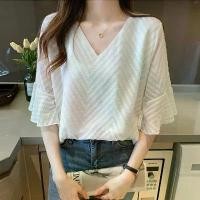 ราคา เสื้อเบลาส์แขนสั้นฤดูร้อน, สำหรับผู้หญิง, คอวี, วัสดุชีฟองสีขาว, เสื้อสตรี, เสื้อเบลาส์ Mujer De Moda, สไตล์ E688, 2024 Verano มาใหม่ (1731807006181852497)