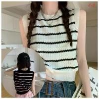 ราคา เสื้อกล้ามถัก เสื้อกล้ามลายทาง เสื้อไหมพรมแขนกุด เสื้อกั๊กหญิง สไตล์ย้อนยุคเกาหลี สำหรับผู้หญิง Striped knitted tank 1210 (1732161603755412272)