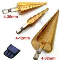 ราคา ST01 ดอกสว่านทรงเจดีย์ ดอกเจาะคว้านรู,Step Drill,ชุบไทเทเนียม ยกชุด3 ดอก5/9/15 Step เบอร์มิล ใหญ่สุด32 mm*แกนหกเหลี่ยม* (1732417497611535957)