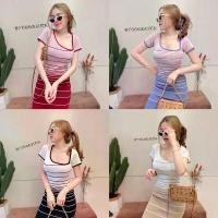 ราคา MesubShop มินิเดรส สีพาสเทลแต่งทูโทนทอคาดลายเส้นตัดสี ทรงคอเหลี่ยมแขนสั้นผ้าไหมพรมงานสวย พริกแดง Chili E301A สินค้าขายดี (1731694728879638446)