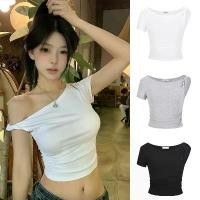 ราคา Chili#เสื้อยืดเปิดไหล่ สีดำ คอเฉียง สำหรับผู้หญิง ดีไซน์ใหม่ ทรงสลิมฟิต เสื้อไหล่เฉียงสั้น#2688 (1732026594720254136)