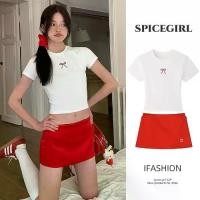 ราคา Spice Girl พร้อมส่งไทย set 2 ชิ้น เสื้อแขนสั้นคอกลม+กระโปรงสั้น มีซับใน เสื้อยืดผ้าฝ้ายแท้ 2สี พิมพ์ลายโบว์ ทรงสลิมฟิต สีสวยมาก มีความยืดหยุ่นใส่สบาย แฟชั่น เหมาะกับฤดูร้อน (1730676434245618168)