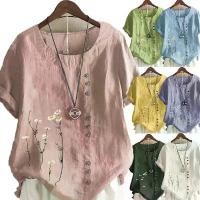 ราคา New Women's Clothing Cotton and Linen Fashion Casual Printed Round Neck Short Sleeve T-Shirt Top for Women (1732591812498916698)