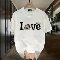 ราคา Black letter-print T-shirt, cute kitten-pattern T-shirt, round-neck loose short-sleeved T-shirt with love icon design, fashionable and versatile couple's T-shirt (1731491009318716788)