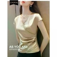 ราคา เสื้อยืดลำลองผู้หญิง ผ้าไหมซาติน คอวีไขว้ เสื้อเชิ้ต Ruched พับ เสื้อเบลาส์ แขนบิชอป เรียบหรู EDQRDQ (1730195841337952388)