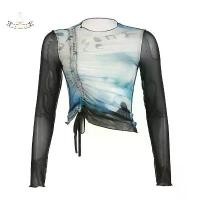 ราคา เสื้อครอปตาข่าย สำหรับผู้หญิง แขนยาว คอกลม มีเชือกรูดด้านหน้า พิมพ์ลายมัดย้อม เสื้อยืดซีทรู เสื้อเบลาส์ (1732449543364117657)