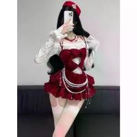 ราคา ชุดเดรสสีแดงใหม่ สไตล์น่ารักและเซ็กซี่ บรรยากาศ ไหล่ไม่สมมาตร เสื้อฐานลูกไม้ เดรสสายเดี่ยวกำมะหยี่กลวง เลกกิ้ง (1732537273076778084)