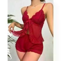 ราคา ชุดลูกไม้สีแดง, ชุดนอนเซ็กซี่สำหรับผู้หญิง, เสื้อและกางเกงขาสั้น, ชุดชั้นใน, ชุดเสื้อผ้าที่บ้านใหม่ฤดูร้อน, ชุดนอนไร้แขนนุ่ม, สไตล์ Pamas (1732133128098318750)
