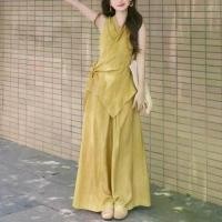 ราคา ชุดสูทผ้าลินิน สไตล์ฝรั่งเศส สำหรับผู้หญิง ชุดฤดูร้อน สไตล์เกาหลี เรียบหรู ความรู้สึก JI สูง เสื้อแขนกุด ผูก กางเกงขากว้าง เซ็ต 2 ชิ้น ยีน ชุด ไป ทะเล ชุดเซทปักดอกเดซี่ จั้ม (1732135123600508101)