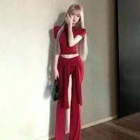 ราคา ชุดทูพีซ, เสื้อยืดแขนสั้นเปิดไหล่ทรงสลิมฟิต, ชุดสาวฮอตหวาน, กางเกงขายาวบาน, สีแดง, [COD] ผ้า ลิน แท้ 100 จั๊ม สูท รับ หิ้วเเพทตินั่ม เดรส อัด พลีท เซ็ท ขายาว สวยๆ เซ (1732291306422633582)