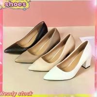 ราคา รองเท้าส้นสูง สำหรับผู้หญิง หัวแหลม รองเท้าส้นเตี้ย สีดำ ส้นหนา (1732159195115129043)