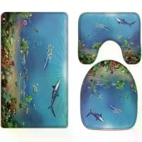 ราคา ชุดพรมเช็ดเท้าสำหรับห้องน้ำ RV รวม 3 ชิ้น การออกแบบชีวิตใต้ทะเลเช่นฉลาม ปลาฉลาม และปะการัง การออกแบบมหาสมุทรสีฟ้า ล้างทำความสะอาดได้ เหมาะสำหรับฝารองนั่งชักโครก ที่หุ้มที่นั่งชักโครก เบาะรองนั่ง (1731