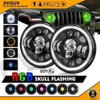 ราคา ไฟหน้ารถจักรยานยนต์กะโหลกศีรษะ, 7 นิ้ว, หลอดไฟ LED H4 45W, ไฟปีศาจกลม, ไฟ DRL สีเหลืองอำพัน + ขาว, ใช้ได้กับ 12V และ 24V (1731527217729144309)