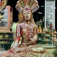 ราคา พระนาคปรก ไม้สักแกะสลัก ติดกระจกแบบโบราณ ศิลปะพม่า ล้านนา (1732038778907036018)