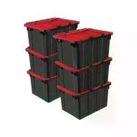 ราคา Sterilite, 6 แพ็ค, บานพับ, Totes อุตสาหกรรม, ความจุ 12 Gal, ถังขยะวางซ้อนกันได้, ฝาปิดสีดำและสีแดง (1731292975691760776)