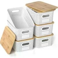 ราคา ตะกร้าเก็บของ วัสดุพลาสติก มีฝาปิดไม้ไผ่ ถังเก็บของวางซ้อนกันได้ เหมาะสำหรับจัดระเบียบชั้นวาง ลิ้นชัก เดสก์ท็อป ตู้เสื้อผ้า ห้องเด็ก (1732276587665852552)