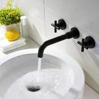 ราคา ก๊อกน้ำสามรูพร้อมที่จับคู่ที่ซ่อนอยู่ทองเหลือง ห้องน้ำ ผนังที่ซ่อนอยู่ การระบายน้ำติดผนังแบบฝัง ก๊อกน้ำอ่างล้างหน้าร้อนและเย็นสีดำ (1729676087493561121)