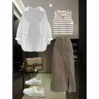 ราคา ชุดฤดูร้อน, ชุดสูทสามชิ้นสำหรับผู้หญิง, เสื้อเชิ้ตใหม่ 2024, ลายทาง, สายหลวม, กระโปรงยีนส์, แฟชั่น (1731038755263056101)