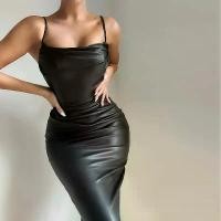 ราคา ชุดปาร์ตี้, สำหรับผู้หญิง, สไตล์ยุโรปและอเมริกา, เหมาะสำหรับไนท์คลับ, เซ็กซี่, วัสดุหนัง PU, ดีไซน์จีบ, ชุดเดรสแขวน (1731988778812934478)