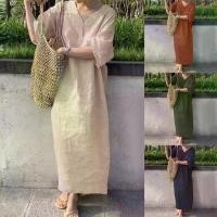 ราคา เดรสผ้าฝ้ายและลินิน ทรงหลวม แขนสั้น คอวี สีพื้น พลัสไซส์ สำหรับผู้หญิง มาใหม่ (1732006020825909582)