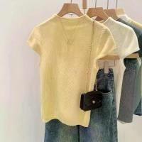 ราคา เสื้อสตรี, สไตล์เกาหลี, ชายเสื้อรีด, คอสูงเล็กน้อย, บาง, แขนสั้น, ถัก, เทรนด์แฟชั่น, ฤดูร้อนใหม่, ดีไซน์สวย, สไตล์ชาแนลขนาดเล็ก, เสื้อสลิมฟิต (1731351248152135539)