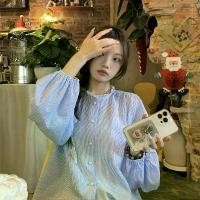 ราคา เสื้อเชิ้ตแขนยาว ลายทางน่ารัก คอกลม ทรงหลวม กระดุมมุก กระดุมแถวเดียว สำหรับผู้หญิง (1731416101988828328)