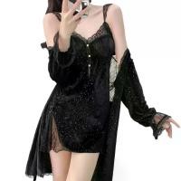 ราคา ชุดนอนเซ็กซี่ ดีไซน์ท้องฟ้าเต็มไปด้วยดวงดาว สำหรับผู้หญิง ฤดูใบไม้ร่วงและฤดูหนาว สไตล์ใหม่ 2024 พร้อมแผ่นรองหน้าอก สไตล์น่ารักและเซ็กซี่ ชุดนอนสลิปลูกไม้ ชุดนอน (1731708378232687306)