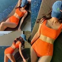 ราคา พร้อมส่งจากไทย ชุดว่ายน้ำ บิกินี่ทูพีชสีส้มเอวสูงเก็บทรงเก็บก้น มี2สี น้ำตาล ส้ม (1732785708710528170)