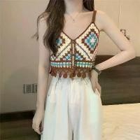 ราคา ไหมพรม เสื้อถักสายเดี่ยวไหมพรม เสื้อลายตารางฉลุปัก ดีเทลลายทางแต่งดอกไม้ สายผูก น่ารัก (1732098926540327298)