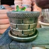 ราคา กระถางดินเผา กระถาง 6 นิ้ว กระถางลายอิฐ+จานรอง เครื่องปั้นดินเผาราชบุรี (1730783927780870210)