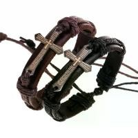 ราคา เครื่องประดับผู้ชาย, แฟชั่นใหม่, สร้อยข้อมือหนังวินเทจและกำไล, สร้อยข้อมือพระเยซูไขว้โลหะ, สายขี้ผึ้งปรับได้, มีสีน้ำตาลและสีดำ (1730497992706000927)