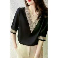 ราคา เสื้อชีฟองสีดำ, คอลเลกชันฤดูร้อนปี 2025, เสื้อกลวงออก, คอวี, แขนสั้น, ปักด้วยเสื้อเชิ้ตผ้าไหมหม่อน, เสื้อยืดผู้หญิง กราม สียีนส์ winter bodysuit ปาด ไหล่ กากเพชร ปกคอ (1731474500540204638)