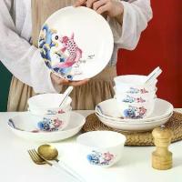 ราคา ชุดจานชาม ชุดจานชามเซรามิค ลายปลามงคล ชามลายเซรามิก จานลายเซรามิคกระเบื้อง 1เซ็ต /10ชิ้น NO.Z1 (1732337194204629371)