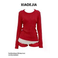 ราคา 2026XIAOEJIA 'Christmas Praise' เซ็ตเสื้อกันหนาวถักลายเคเบิล เสื้อสายเดี่ยวลูกไม้ กางเกงขาสั้นถัก (1733365330899142187)